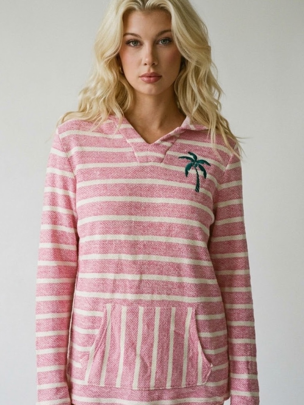 Old Navy Pink and White Striped Terry Hoodie with Palm Embroidery